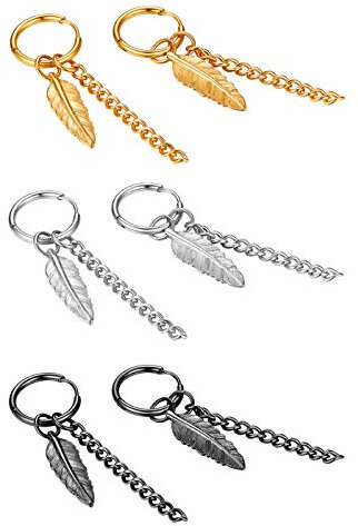 JewelryWe Schmuck 3 Paar Creolen Ohrringe Blatt Feder Kette Anhänger Edelstahl Ohrstecker Pierced Ohrhänger für Herren Damen, Schwarz Gold Silber