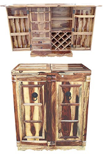 Orientalischer Hausbar Bartheke aufklappbar aus Massivholz Jiya Natur 180cm Groß | Theke Bar Tresen Deko orientalisch | Minibar Barschrank mit Bartisch für Wohnzimmer | Orientalische Möbel aus Indien