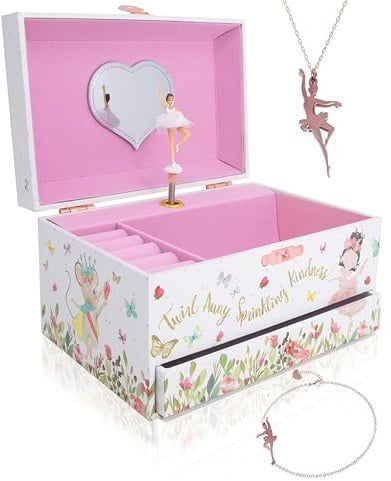 The Memory Building Co Ballerina Musical Jewelry Box Plays Classic Melody, Storage Organizer Music Box for Kids Ages 6-12, MDF Wood w/ 2 Fabric Lined Ring Bracelet Necklace Treasure Compartments