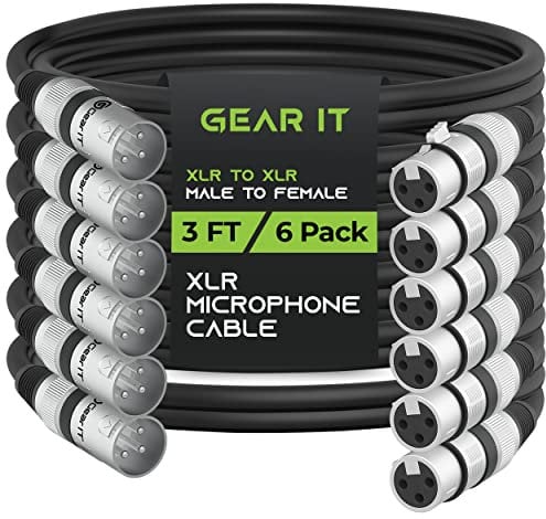 GearIT XLR Microphone Cable (3 Feet, 6-Pack) Male to Female 3-Pin Balanced Shielded Cable for Mic Mixer, Recording Studio, Podcast - Black, 3ft