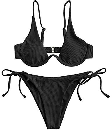 ZAFUL Damen Zweiteiliger Bügel Bikini-Set, Leopardenmuster Criss Cross Push Up High-Cut Gepolsterte Bikini Badeanzug (A-Schwarz,S)