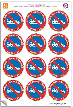 AUA SIGNALETIQUE - Planche de 12 autocollants - pictogramme Interdiction de stationner 24h/24 - Ø 60 mm - sticker vitre voiture