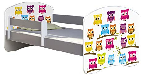 ACMA Kinderbett Jugendbett mit Einer Schublade und Matratze Grau mit Rausfallschutz Lattenrost II (31 Eule, 160x80)