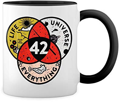 42 The Answer To Life Universe And Everything Weiße Tasse Mug mit schwarzen Felgen & Griff
