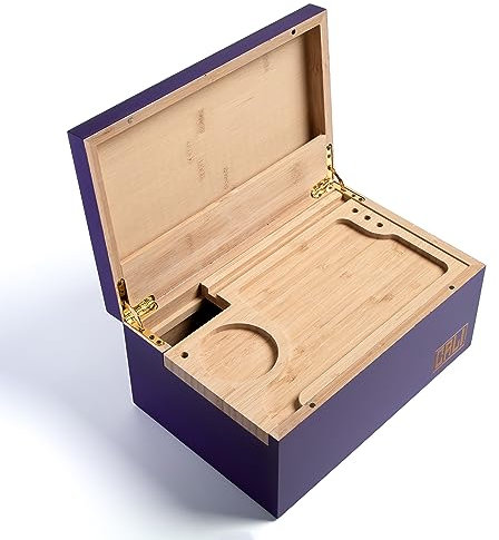 CALI Large Stash Box Smoking Accessories Storage - 100% Natural Bamboo - With Sliding Rolling Tray - Width 10.5” x Height 5” x Depth 7” 27cm x 13cm x 18cm (Purple)