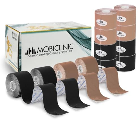 Mobiclinic®, Pack 2 rouleaux bande kinesiologie, Neuro-musculaire adhésive, De 5m x 5cm, Sport tape, Soulagement des douleurs musculaires, Kinesiotape, Face, Noir et beige