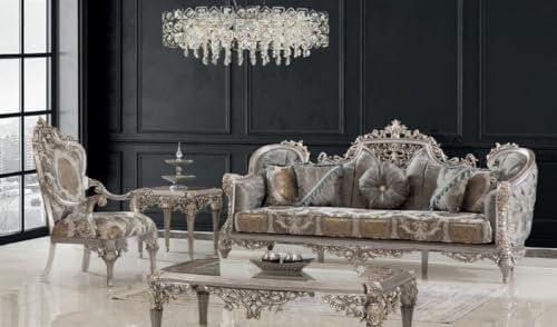 Casa Padrino Luxus Barock Wohnzimmer Set Grau/Silber/Gold - 2 Sofas & 2 Sessel & 1 Couchtisch & 2 Beistelltische - Handgefertigte Wohnzimmer Möbel im Barockstil - Edel & Prunkvoll