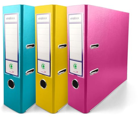 Netuno 3 Stück Ring-Ordner Türkis Gelb Rosa DIN A4 Ekobox 2-Ring-Mechanik 8cm Ringbuch a4 2 Ringe Plastikordner bunt Ordner Schule Büro Studium Dokumentenordner Pappordner office folder
