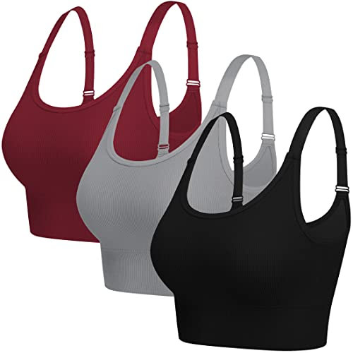 ANGOOL Sport BH Damen Starker Halt Push Up Einstellbarer Schultergurt Sport Bustier Damen Gepolstert Nahtlose Ribbed Ohne Bügel Joggen Yoga Fitness, Schwarz+grau+rot, S