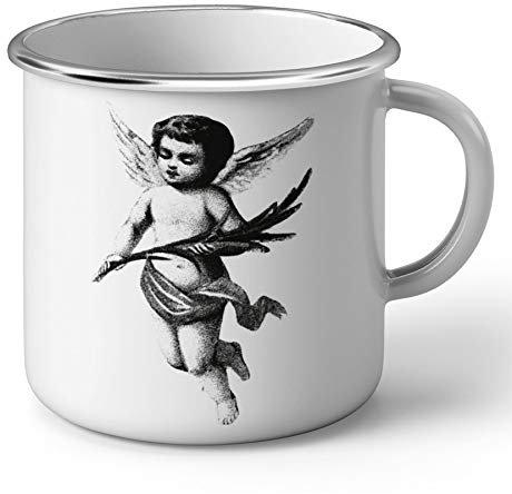 Fabulous Emaillierter Metallbecher 284ml Weihnachtsengel Vintage Retro Schwarz-Weiß Zeichnung Weihnachten