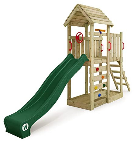 WICKEY Spielturm Klettergerüst JoyFlyer mit Holzdach & grüner Rutsche, Outdoor Kinder Kletterturm mit Sandkasten, Leiter & Spiel-Zubehör für den Garten