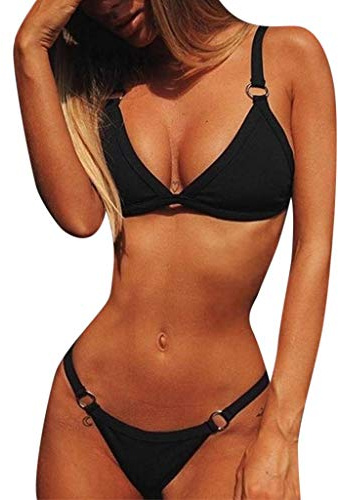 CheChury Femmes Maillots de Bain 2 Pièces Sexy Push Up Rembourré Bandage Bikini Brésilien Triangle Halter Taille Basse String Bas de Bikini Plage - Noir - L