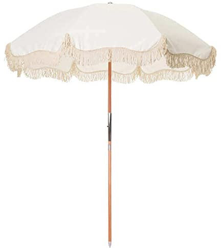 XFAK Sonnenschirm Gartenschirm Mit Fransen Elfenbein Strandschirm Marktschirm Rund Terrassenschirm 180cm Balkonschirm Mit Neigbar Holz Mast (Size : Umbrella+Stand)