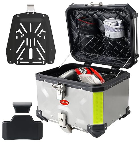 Top Box for Motorcycle, LASIEYO 45L Motorcycle Top Box Aluminum Motorcycle Luggage with Security Lock for Store Helmet Large Luggage, Waterproof Motorcycle Top Case, Motorbike Top Cases Silver