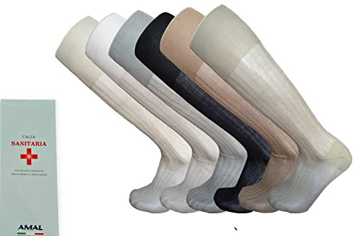 Calze Sanitarie Lunghe in Cotone Filo di Scozia con Polsino a costina raccomandato per favorire la circolazione a compressione Graduata nelle zone della gamba cucitura ultrapiatta Prodotto Italiano