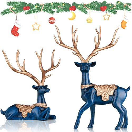 DOVDOV 2 Stück Weihnachten Hirsch Figuren Blau Deko Weihnachten Hirsch Kleine Rentier Weihnachtsdekoration für Home Interior Büro Zimmer Couchtisch Diele Eingangstisch Mittelstück