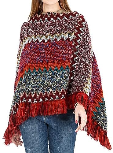 Jdlsppl Damen-Poncho im Boho-Stil, Zickzack-Strickpullover, für Erwachsene, mexikanischer Azteken-Poncho, Wickeltuch, Winter, Herbst, Hippie, weich, wandelbar, Quaste, Fransen, Häkelschal