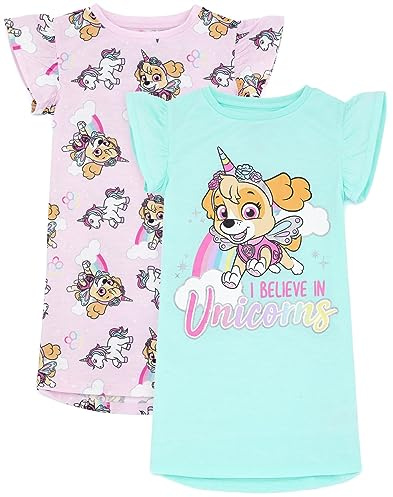 Paw Patrol Nightie 2 Pack Kids | Girls Pink And Blue Skye Unicorn Night Dress | Short Sleeve Pyjamas | Children TV Series Merchandise