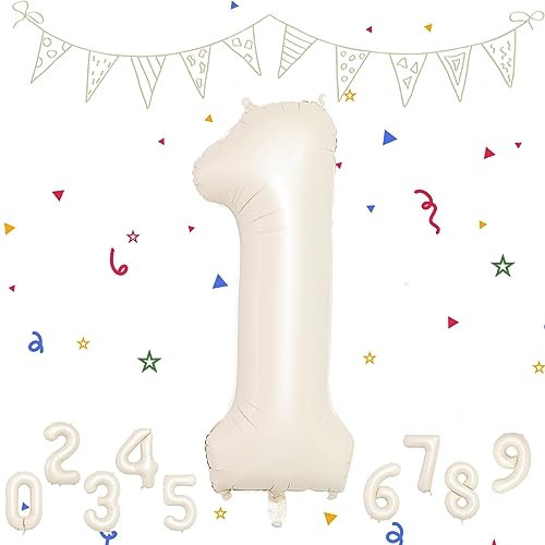 Cream 1 Balloons, Number 1 Balloons, 40 Inch 1st Birthday Balloons Helium Digital Balloon for Boys Girls First Birthday Party Anniversary Decorations Nude Ballons Neutral Balloon Cream 1