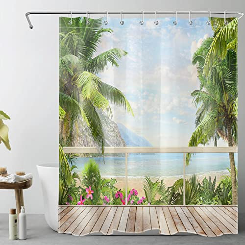 LB Tropeninsel Duschvorhang 150x180cm Grüne Palme und Pflanzen am Strand Antischimmel Wasserdicht Badezimmer Vorhänge, Meereslandschaft Kurz Polyester Stoff Bad Vorhang mit Haken