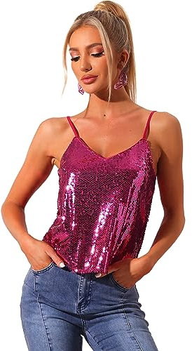 Allegra K Canotta da donna con paillettes brillante canotta club party Sparkle canotta, Rosa acceso, M