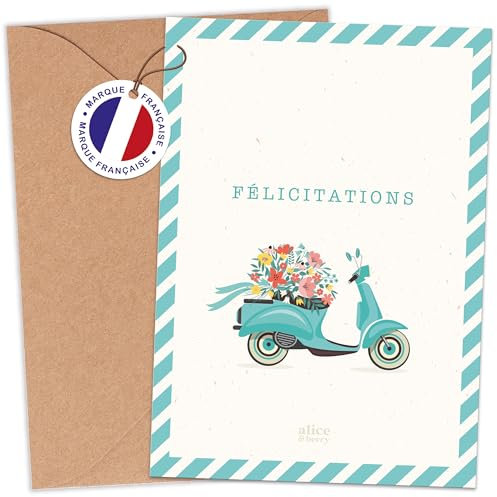 aliceandberry Glückwunschkarte zur Hochzeit – Glückwunsch zur Hochzeit – Grüße Zeremonie – Vespa Vintage Landhaus Original – Umschlag aus Kraftpapier im Lieferumfang enthalten