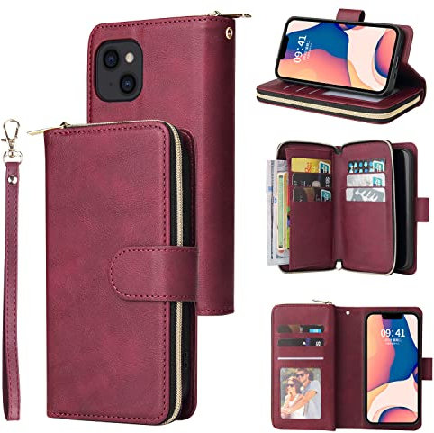 Unichthy For iPhone 14 Case 9 Card Holder Zipper Bag with Strap Shockproof Leather Flip Wallet Handbag Zip Pocket Phone Cover Stand Folio Magnetic Purse for iPhone 14 Claret