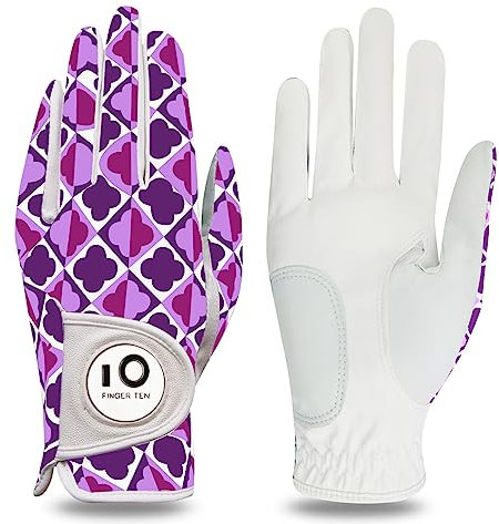 LOVMEAD Golfhandschuhe Damen Links Rechts Hand Leder Sommer mit Ballmarker, Golf Handschuhe Flexlite Verbesserte Griffigkeit (Lila, S, Links)