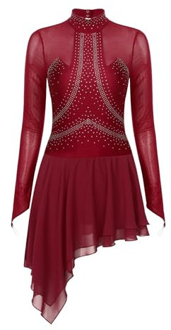CHICTRY Women's Figure Ice Skating Dress Rhinestone Keyhole Roller Skating Dance Gymnastic Leotard Burgundy S