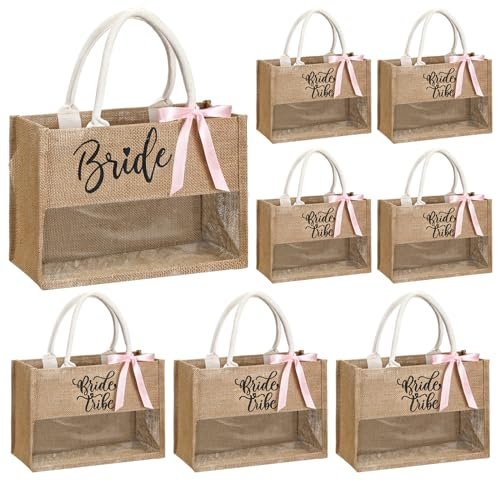 Locmeo Strandtasche für Braut, mit Griffen, Brautschmuck, Stamm, Hochzeit, Geschenktasche, Jute-Tragetaschen mit transparentem PVC-Filmfenster für Frauen, Brautpaare, Brautjungfern, Verlobung,