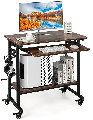 COSTWAY Mesa Escritorio con Ruedas, Escritorio Industrial con Bandeja Extraíble para Teclado, 3 Ganchos, Estante de Almacenamiento, Mesa de Ordenador 80 x 50 x 78 cm (marrón)