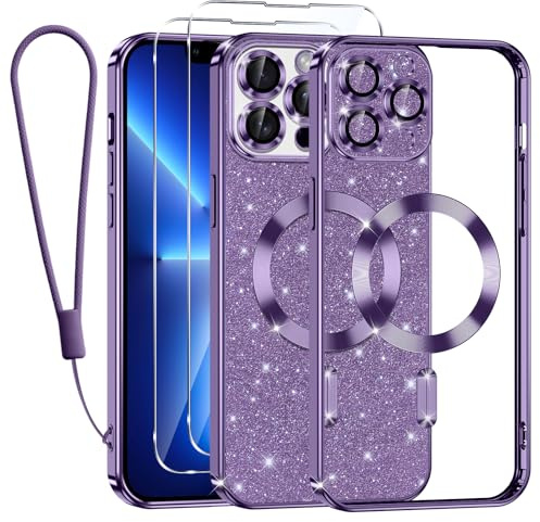 Kokio Glitter Magnetica Cover per iPhone 13 Pro con Cordino, Compatibile con MagSafe, Brillantini Sottile Silicone TPU Antiurto Custodia per iPhone 13 Pro con 2 Vetro Temperato Bumper, Viola