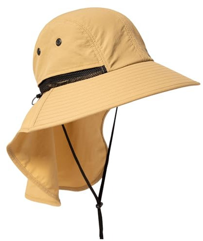 TOP-EX XL/XXL Wasserdicht Sonnenhut Herren Breite Krempe Sonnenschutz Mütze Outdoor Trekking Hut mit Nackenschutz Safari Sommer Mütze Faltbar 94599_Khaki M/L