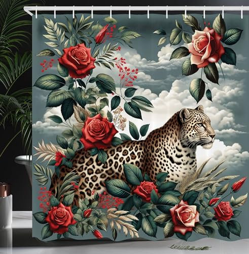 ABAKUHAUS Leopard Duschvorhang, Wildes Tier und blühende rote Rosen auf abstraktem bewölktem Hintergrunddruck, Stoffliches Gewebe mit Haken, 175 x 200 cm, Grau Türkis Scharlachrot