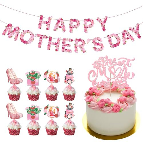 TYXHXTF Party Dekoration, Happy Mother's Day Banner Deko, Cupcake Topper, Happy Mothers Day Banner, Muttertag Dekorationen, für Muttertag Geburtstag Dekoration
