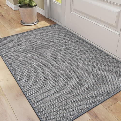 DEXI Schmutzfangmatte Innen 61 x 92 cm, rutschfest Fußmatte waschbar, absorbierend Fussmatte, Dünne Türmatte Eingangsteppich für Haustür & Flur, Grau