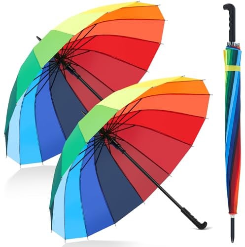 Hestya 2 Stück Regenbogen Regenschirme Automatik - Große Stockschirme mit 16 Rippen & Geradem Griff, Sturmsicher & Windfest - Pride LGBTQ Accessoires für Paare, 88 cm Durchmesser