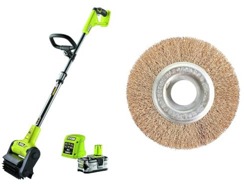 RYOBI Nettoyeur de sol sans fil à batterie 18V ONE+™pour terrasse bois et carrelage avec 1 batterie 40Ah & chargeur RY18PCB140 & Brosse joints métallique pour nettoyeurs de joints RAC814