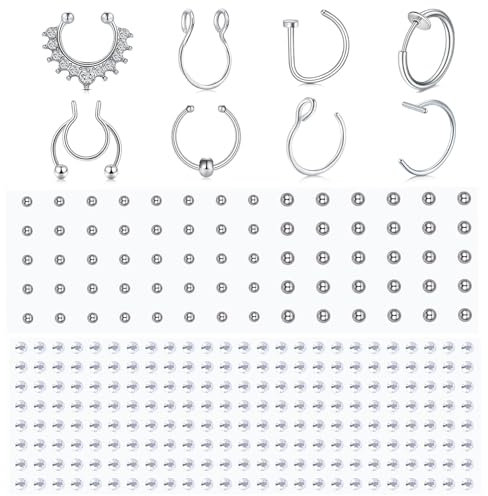 WillTen 8Pcs Fake Nase Ring Fake Septum Piercing mit 2 Blätter Nase Stud Stick auf Gesicht, Piercing Clip auf Augenbraue Lippen Ring Silber