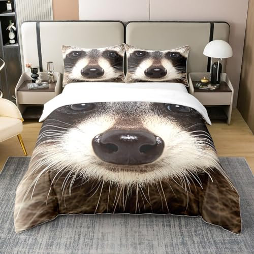 Loussiesd Waschbär Bettdecke Tier Bettwäsche Set für Jungen Mädchen Wildlife Style Bettwäsche Set mit 1 Bettwäsche Set 155x220cm 100% Baumwolle und 1 Kissenbezug 80x80 cm