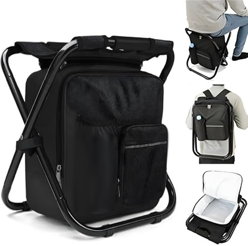 Silla de Mochila, Taburete Plegable para Silla de Camping con Bolsa Refrigeradora, Taburete de Camping Portátil 3 en 1, Tela Oxford de PVC 600D, para Pesca,Camping,Caza,Trekking,Picnic,Barbacoa
