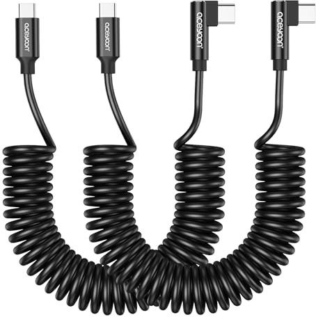 aceyoon Cable USB C a USB C 240W, 2 Pack Cable Tipo C Espiral de 90 Grados Carga Rápida PD3.0 y QC3.0 Compatible con iPhone 15/Pro/Plus/Pro MAX, per Galaxy S23/S22/S21 Extensible de 0,3 m a 0,8 m