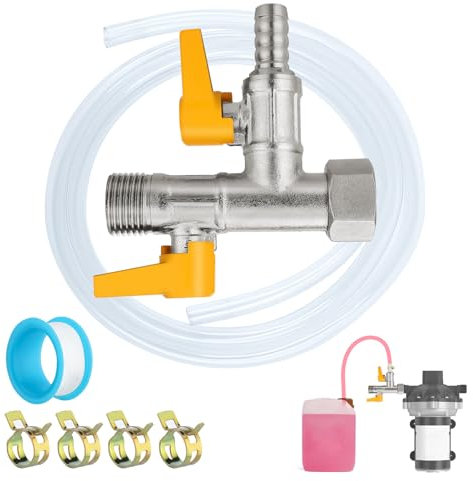 RV 3-Way by-Pass RV Winterizing Kit - Brass RV Pump Converter Winterizing Part, Double Shut-off Design with 59 Hose 4 Clamps, Water System Antifreeze Pump Converter Valve Replacement Kit (1/2NPT)