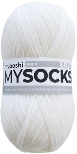 myboshi mysocks uni einfarbige Sockenwolle, 4-fädig, weich und geschmeidig, mit Aloe Vera behandelt, 100g, Ll 420m, Weiß, 1 Knäuel