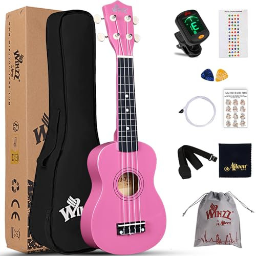 Winzz Sopran Ukulele Starter Kit für Anfänger mit Tasche, Clip-On Tuner, Zusätzlichen Saiten, Gurt, Plektron, Griffbrettaufkleber, Akkord-Karte, Poliertuch Nelken Rot