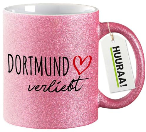 Huuraa Glitzertasse Dortmund verliebt Geschenk | Motivtasse 330ml Glitzer Tasse mit Spruch Pink Keramik Kaffeebecher Geschenkidee Pinker Glitter Becher mit Motiv