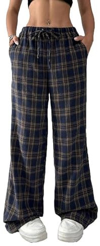 MANYMANY Frauen Plaid Y2k Gerade Baggy Pants High Waisted Wide Leg Tartan Hosen Fall Checked Street Bottoms