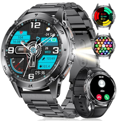 LIGE Montre Connectée Homme, 1.43'' Smartwatch Homme avec Appel Bluetooth/LED Lampe/530 mAh Batterie/110+ Modes Sportifs, Moniteur de Fréquence Cardiaque SpO2 et Sommeil pour Android iOS, Cuir-Noir