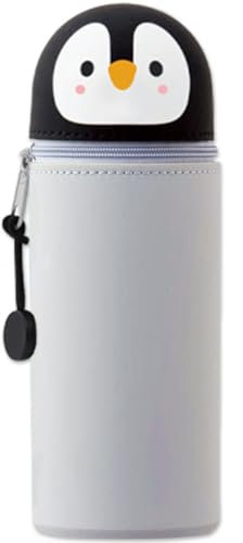 QRKPVHD Kawaii Federmäppchen, mäppchen, 2-in-1 Weiche Silikontasche, Federmäppchen, Stand Up Federmäppchen, Tier Stifthalter, Stifthalter Bleistifttasche Mädchen Junge (Grauer Pinguin)