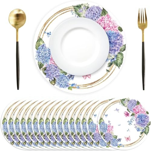 50 Stück Hortensie Papier Platzsets rund Papier Tischsets mit Schmetterling Blume Hochzeit Einweg Platzsets rund 34 cm, Tisch Dekor für Geburtstage, Hochzeiten, Babypartys, Partys
